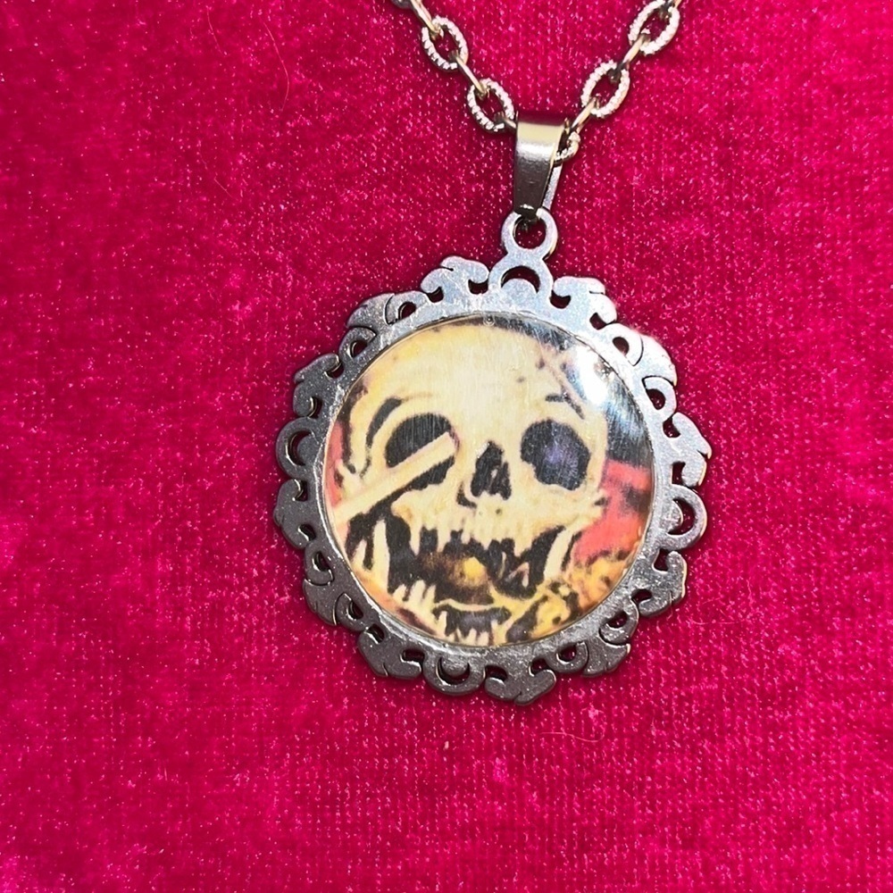 Skull With Sword Through Head Necklace Upcycled Handcrafted Gothic Punk Pin Up